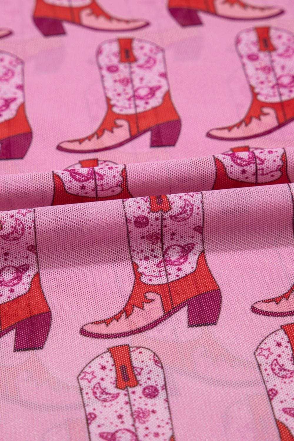 Cowgirl Boots Printed Mock Neck Long Sleeve Mesh Top - Trendsi - Flyclothing LLC