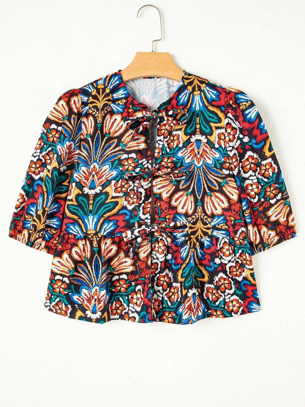 Tropical Print Puff Sleeve Knot Front Blouse - Trendsi - Flyclothing LLC