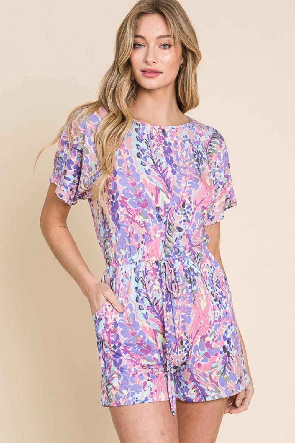 BOMBOM Print Short Sleeve Romper with Pockets - Trendsi