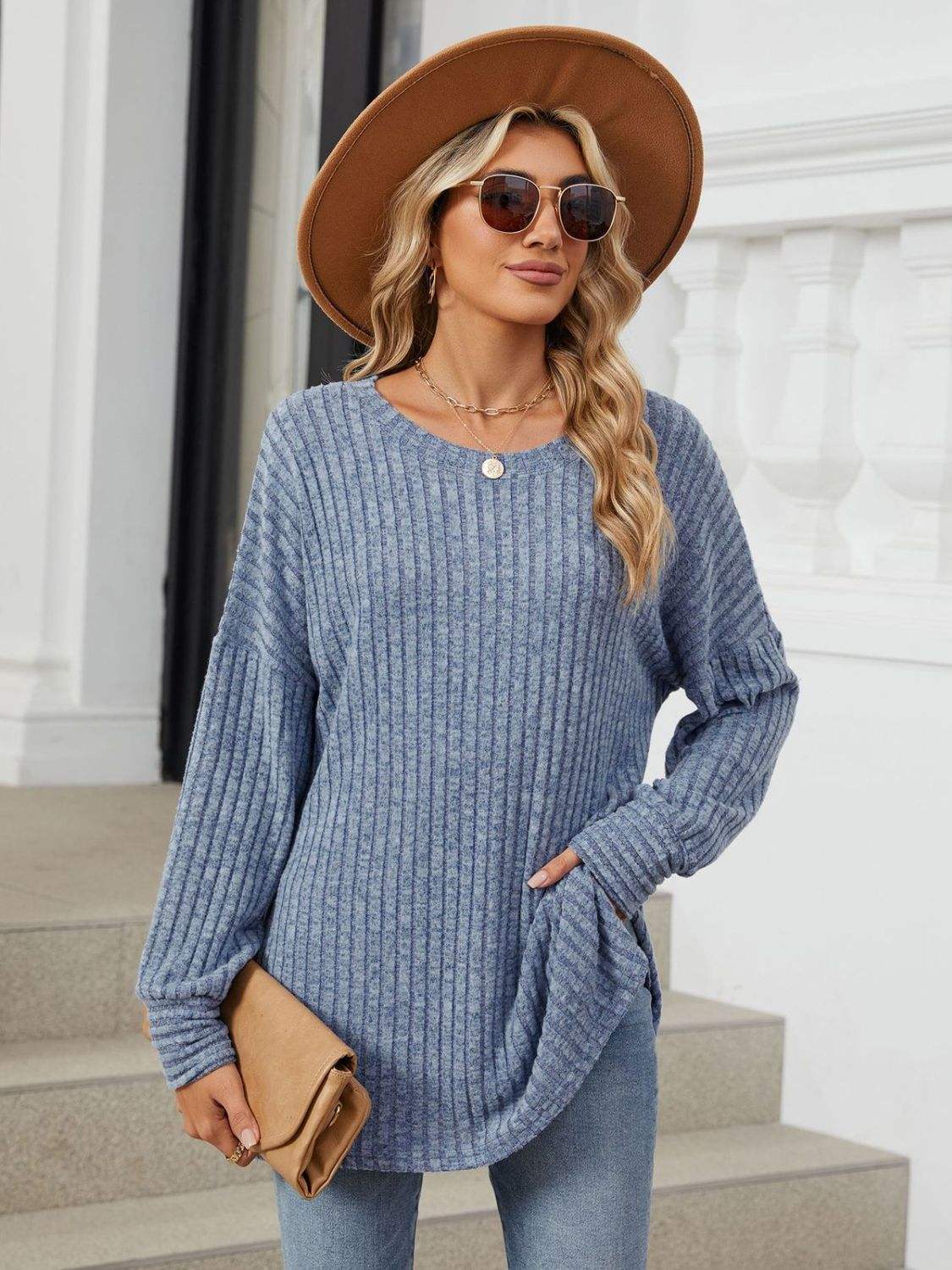 Ribbed Round Neck Long Sleeve T-Shirt - Trendsi - Flyclothing LLC