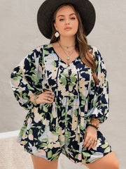 Plus Size Tied Printed Long Sleeve Romper - Trendsi