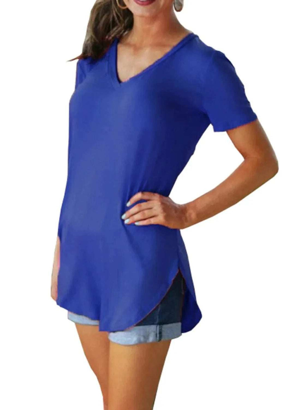 Full Size Solid V-Neck Short Sleeve T-Shirt Plus Size - Trendsi - Flyclothing LLC