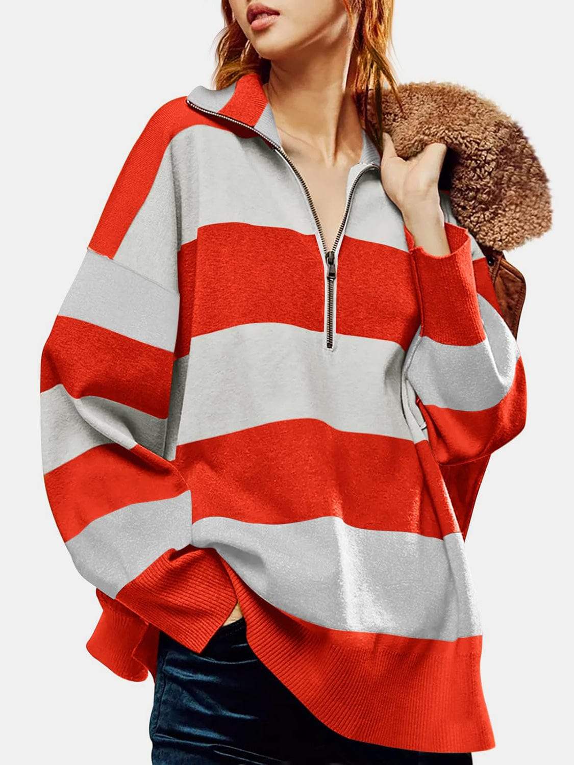 Color Block Half Zip Long Sleeve Sweater - Trendsi - Flyclothing LLC