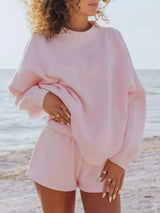 Relaxed Fit Round Neck Sweatshirt and Shorts Set - Trendsi - Flyclothing LLC