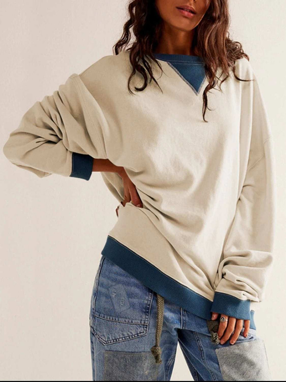 Contrast Trim Round Neck Long Sleeve Sweatshirt - Trendsi - Flyclothing LLC