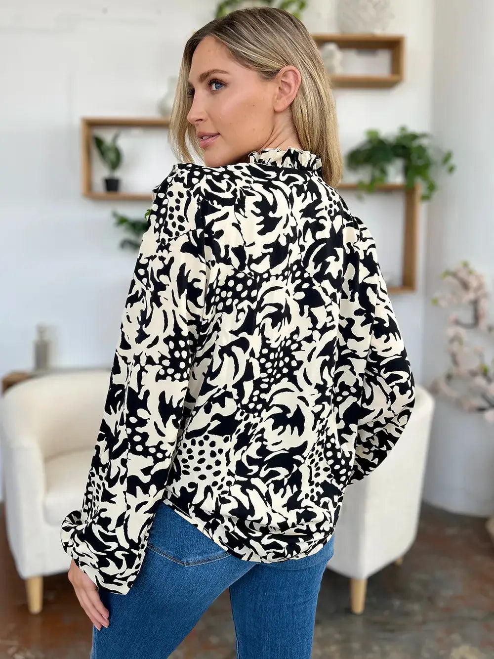 Double Take Full Size Printed Ruffle Trim Balloon Sleeve Shirt - Trendsi - Flyclothing LLC