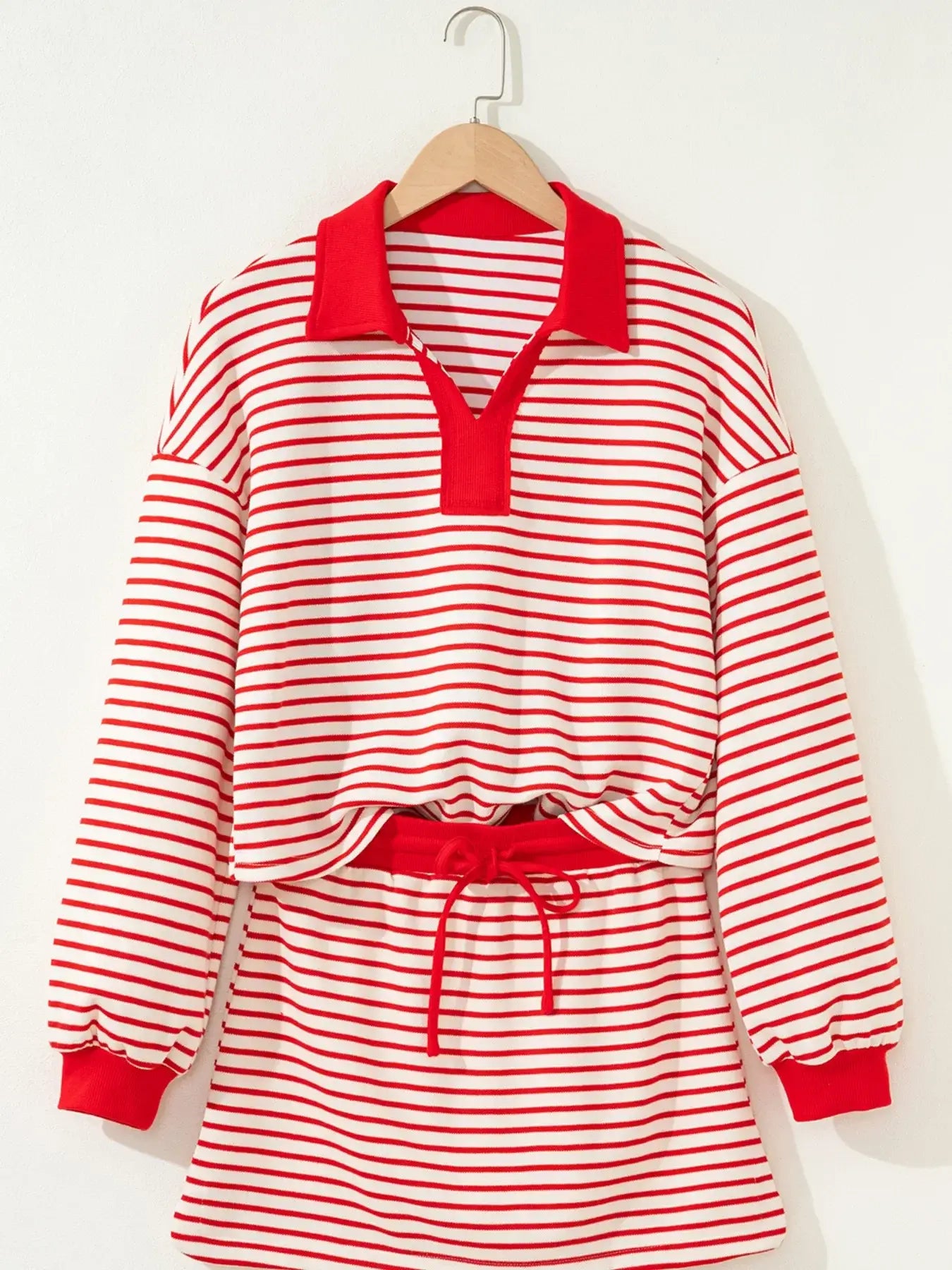 Stripe Collared V Neck Drop Shoulder Pullover and Skort 2pcs Outfit - Trendsi - Flyclothing LLC