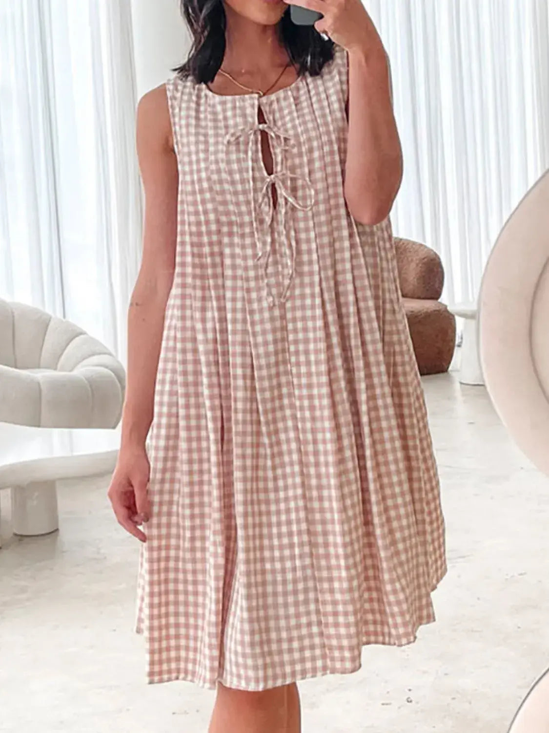 Tied Front Sleeveless Plaid Dress - Trendsi - Flyclothing LLC