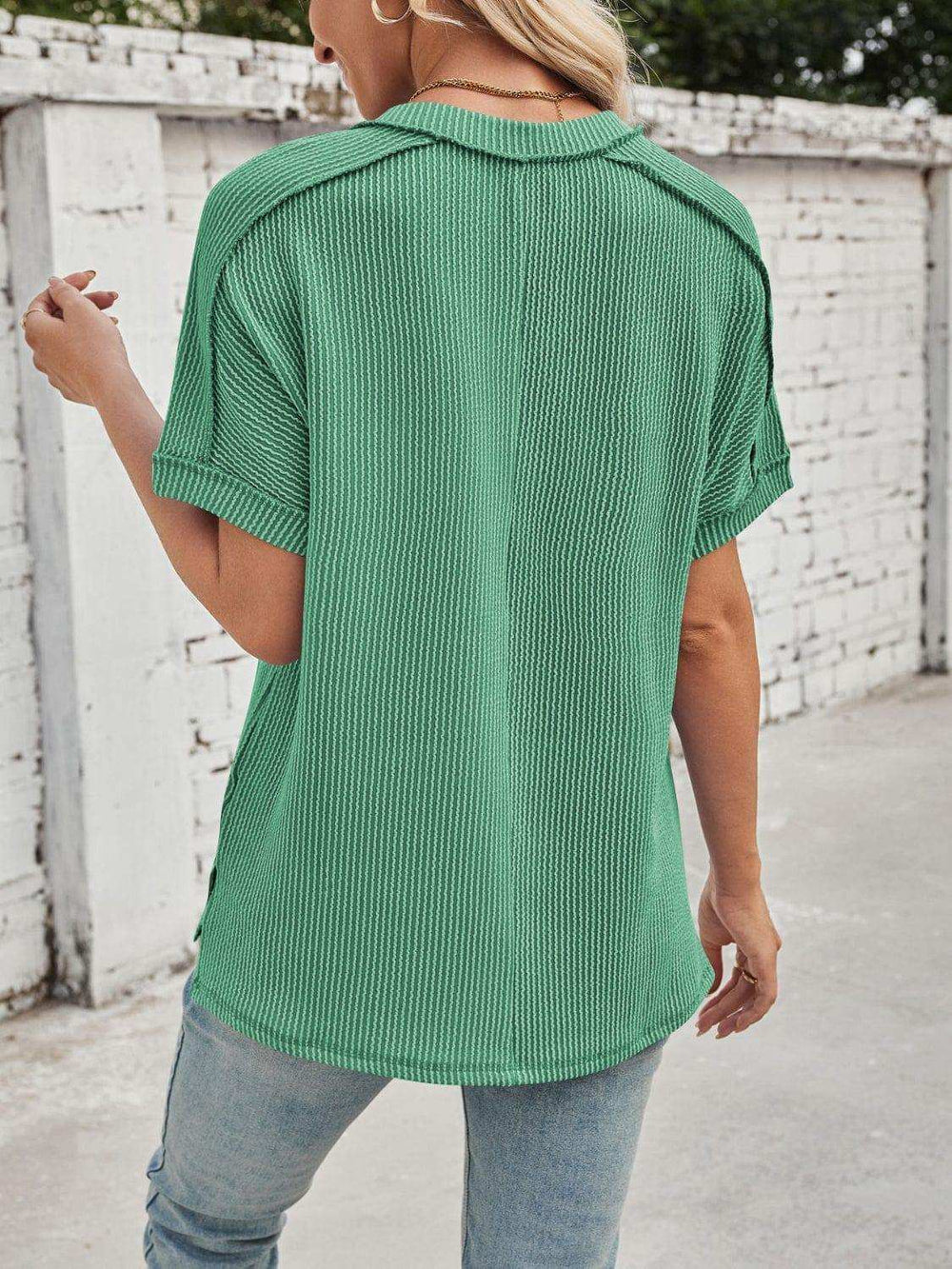 Cord Ribbed V-Neck Short Sleeve T-Shirt - Trendsi - Flyclothing LLC
