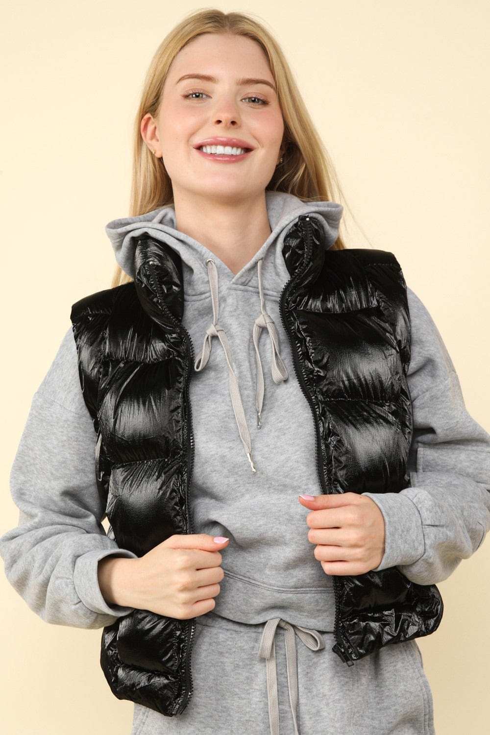 VERY J Shiny Metallic Zip Up Puffer Vest - Trendsi - Flyclothing LLC