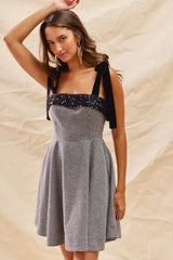 SO ME Houndstooth Fit Flare Mini Dress with Shoulder Tie - Trendsi - Flyclothing LLC