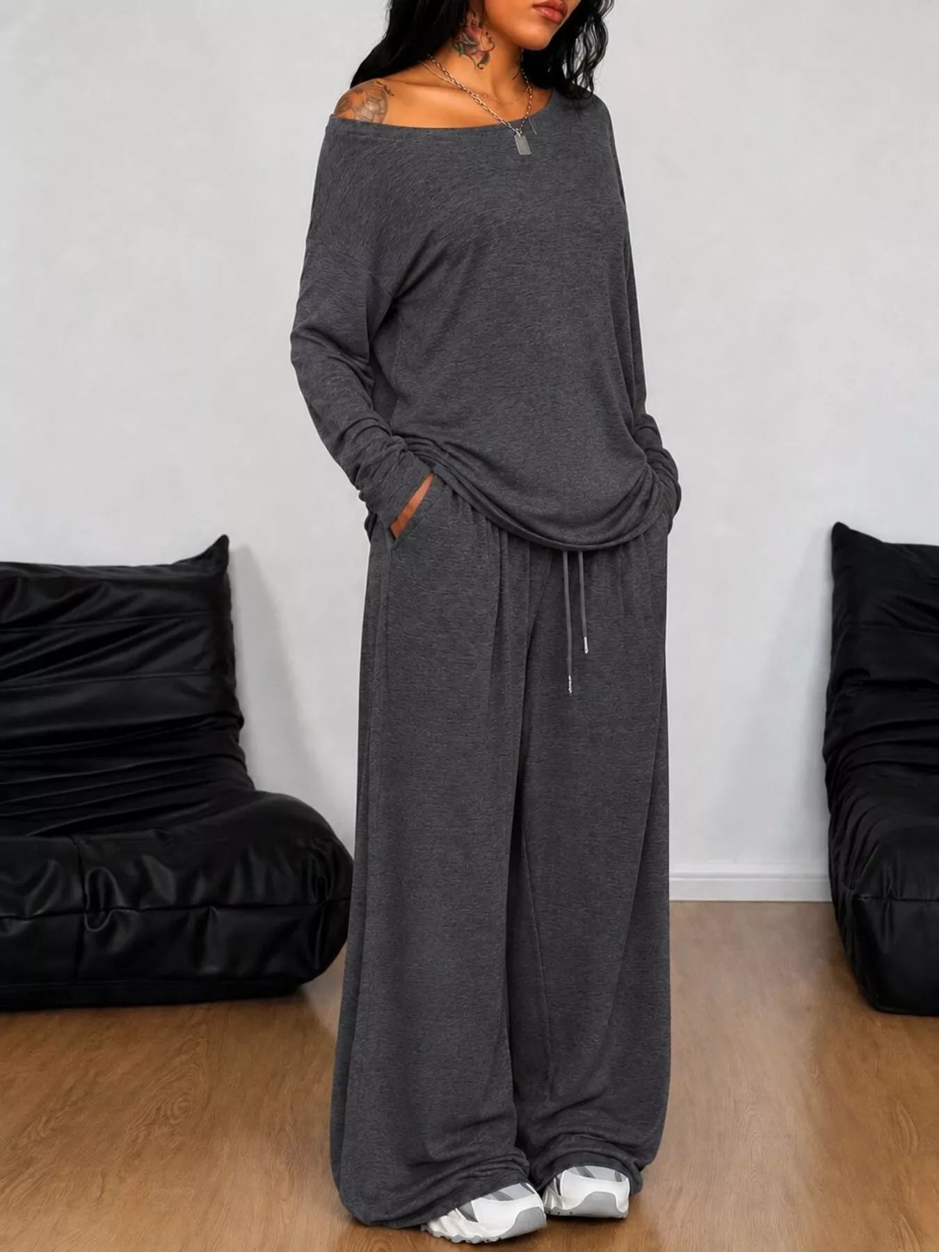Full Size Comfortable Loose Fit One-Shoulder T-Shirt and Pants Set Plus Size - Trendsi - Flyclothing LLC