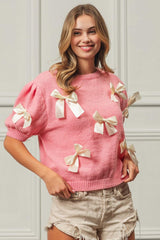 BiBi Ribbon Bow Detail Puff Sleeve Sweater - Trendsi - Flyclothing LLC
