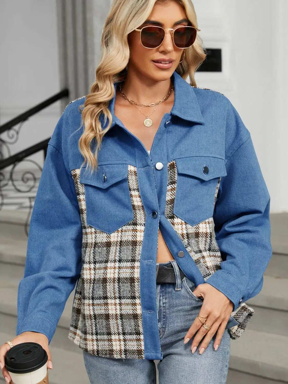 Plaid Button Up Long Sleeve Denim Jacket - Trendsi - Flyclothing LLC