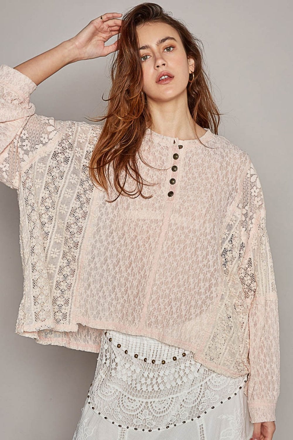 POL Round Neck Long Sleeve Raw Edge Lace Top - Trendsi