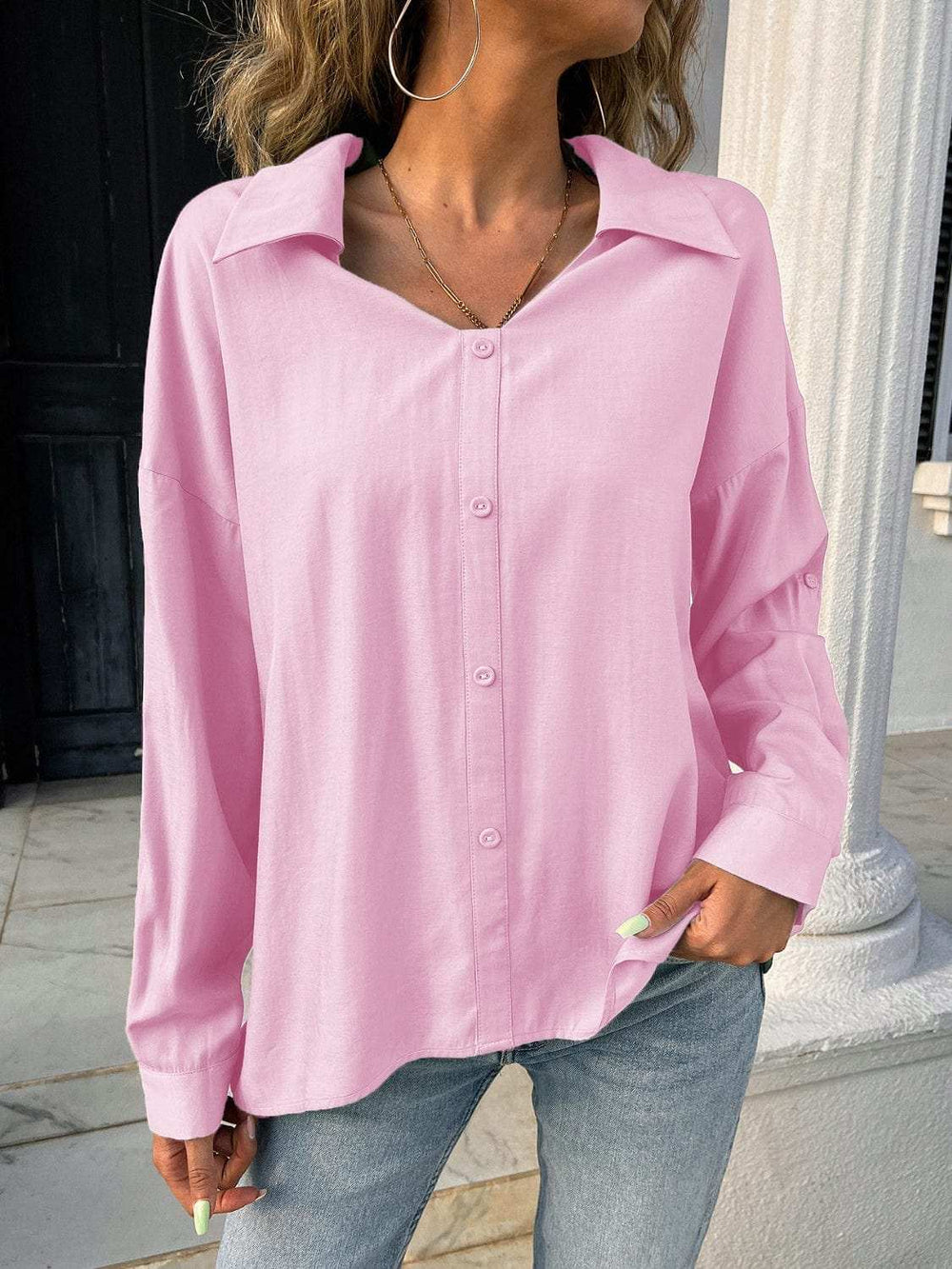 Button Down Collared Neck Long Sleeve Shirt - Trendsi - Flyclothing LLC