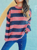 Striped Round Neck Long Sleeve Sweater - Trendsi - Flyclothing LLC