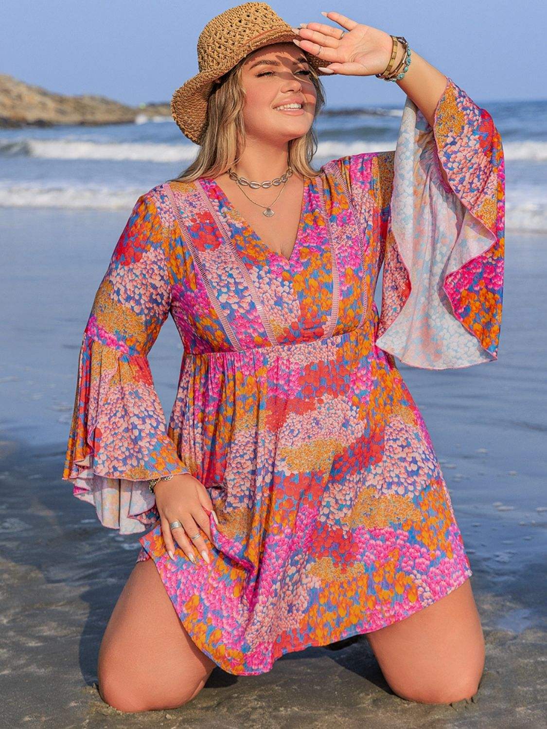 Plus Size Ruched Printed Long Sleeve Dress - Trendsi - Flyclothing LLC