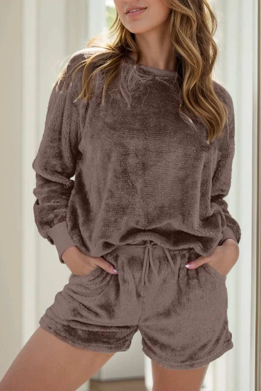 Round Neck Long Sleeve Top and Shorts Lounge Set - Trendsi - Flyclothing LLC