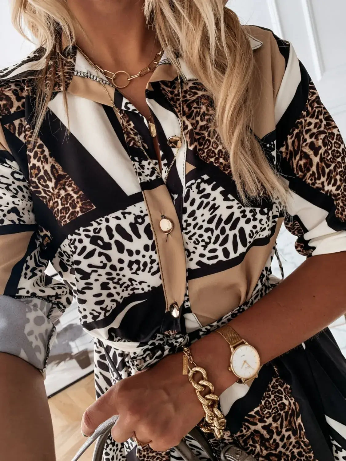 Printed Tie Waist Roll-Tab Sleeve Mini Dress - Trendsi - Flyclothing LLC