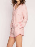 Striped Collared Neck Long Sleeve Top and Shorts Lounge Set - Trendsi - Flyclothing LLC