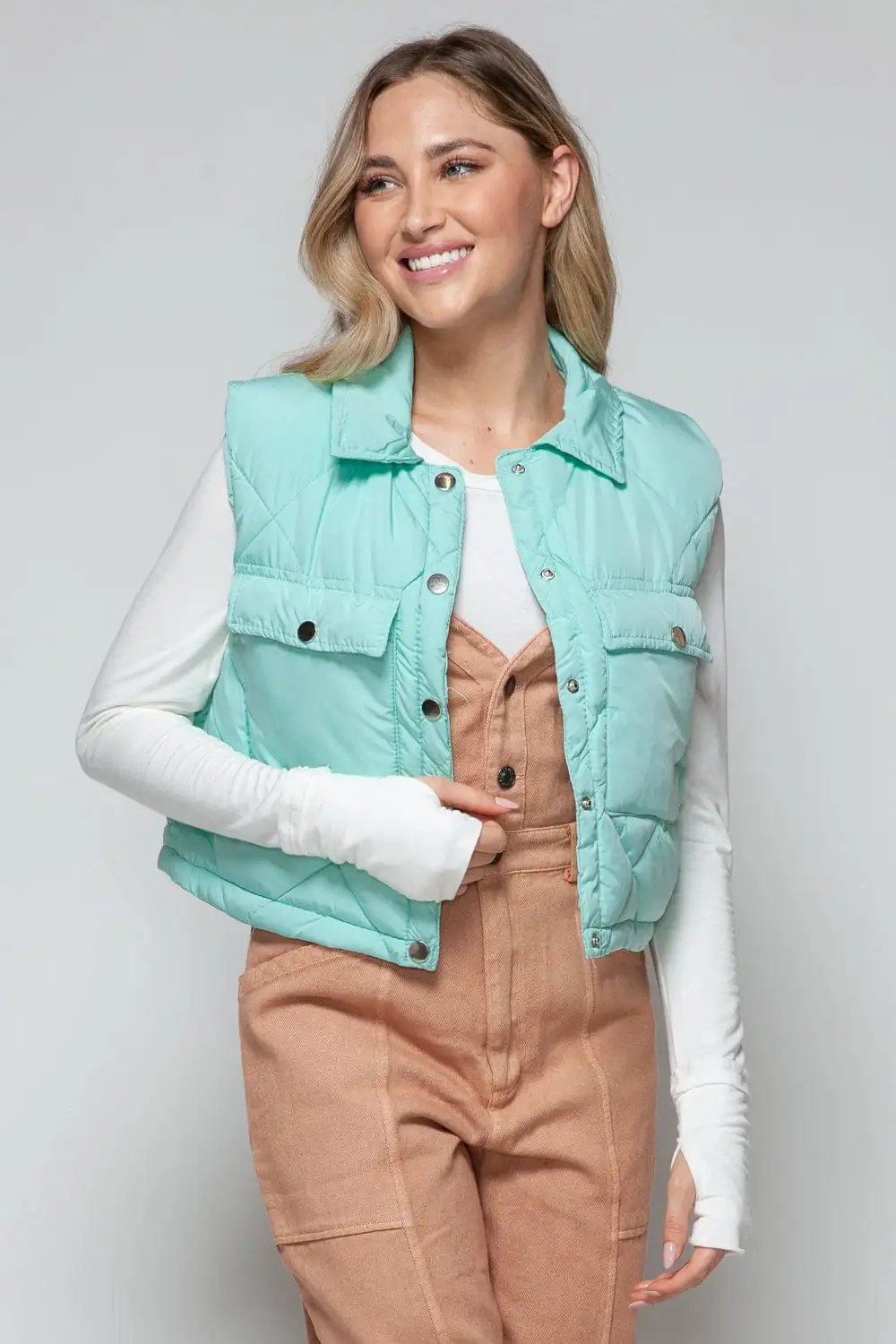 Snobbish Snap Down Quilted Crop Vest - Trendsi