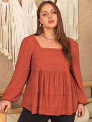 Plus Size Lace Detail Square Neck Long Sleeve Blouse - Trendsi