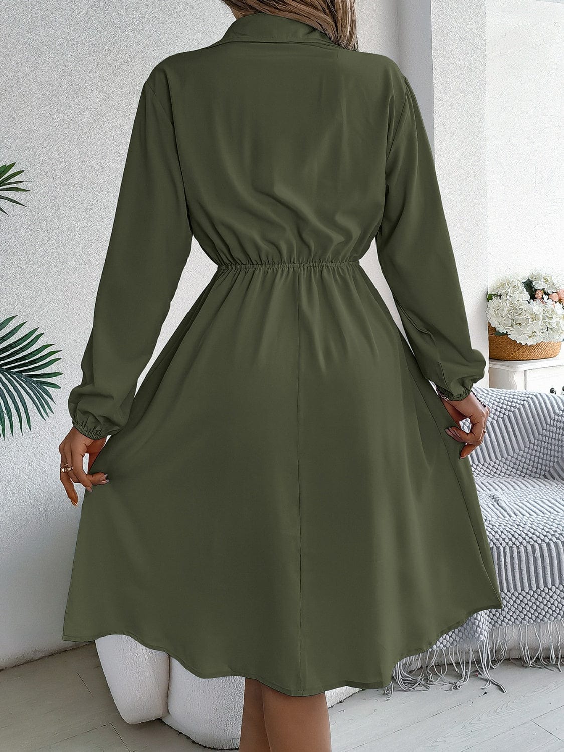 Collared Neck Long Sleeve Dress with Pockets - Trendsi