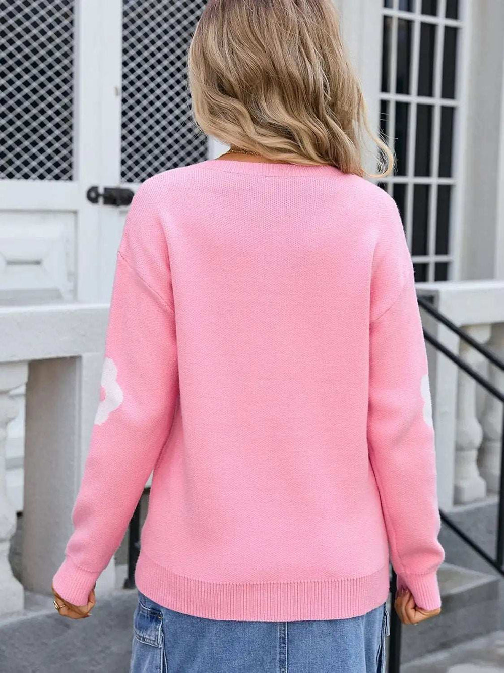 Flower V-Neck Long Sleeve Sweater - Trendsi - Flyclothing LLC