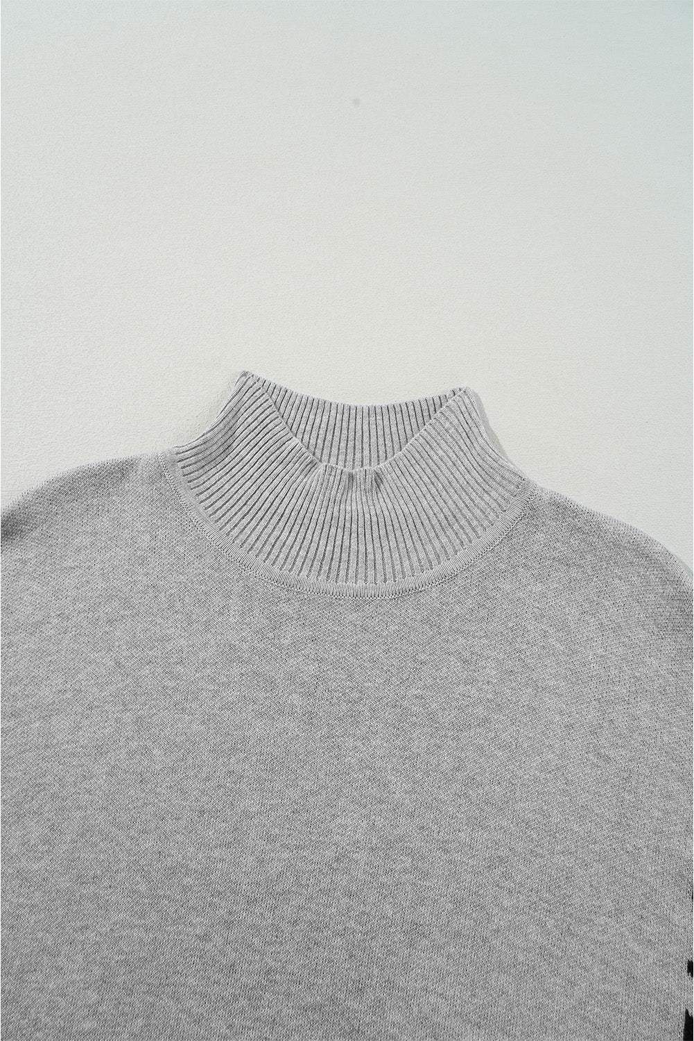 Slit Leopard Mock Neck Dropped Shoulder Sweater - Trendsi - Flyclothing LLC