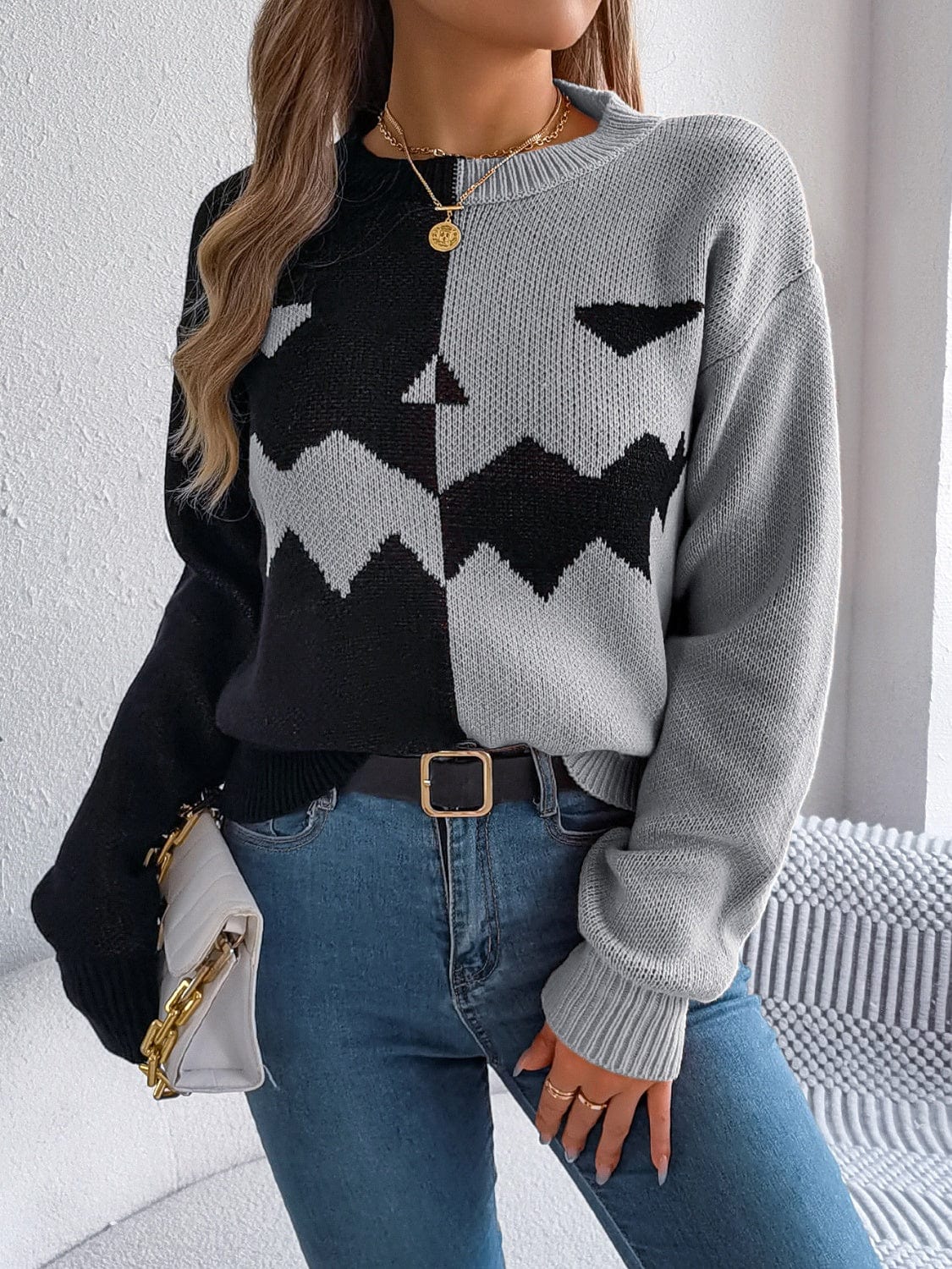 Contrast Round Neck Long Sleeve Sweater - Trendsi