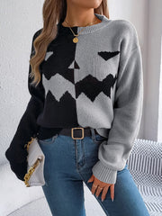 Contrast Round Neck Long Sleeve Sweater - Trendsi