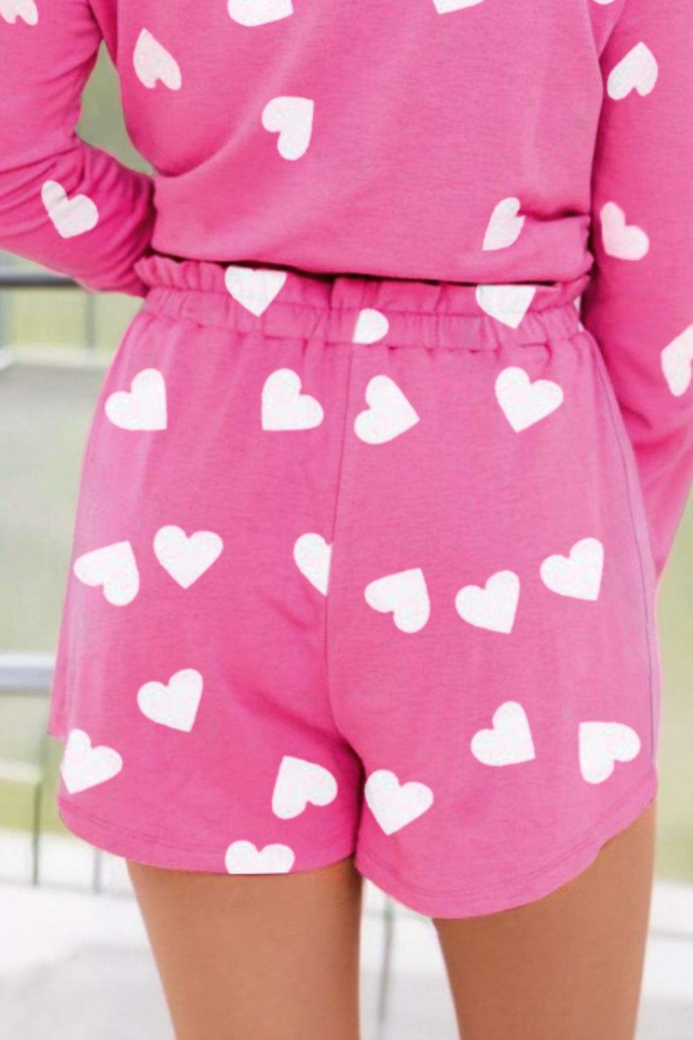 Heart Round Neck Long Sleeve Top and Elastic Waist Shorts Set - Trendsi - Flyclothing LLC
