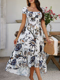 Devine Smocked Printed Short Sleeve Maxi Dress - Trendsi