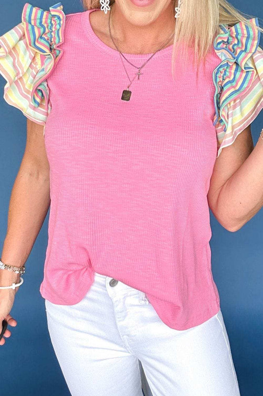Striped Ruffle Flutter Sleeve Ribbed Blouse - Trendsi - Flyclothing LLC