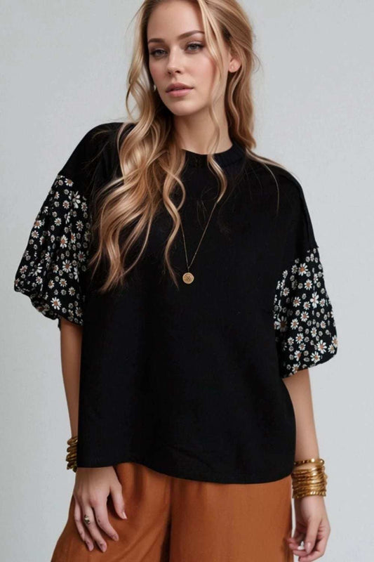 Contrast Floral Puff Sleeve Oversized Top - Trendsi - Flyclothing LLC