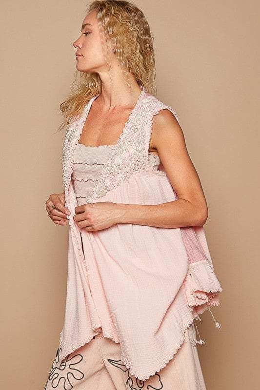 POL Embroidered Pearls Open Front Sleeveless Cardigan - Trendsi - Flyclothing LLC