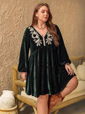 Plus Size Embroidered V-Neck Long Sleeve Dress - Trendsi - Flyclothing LLC