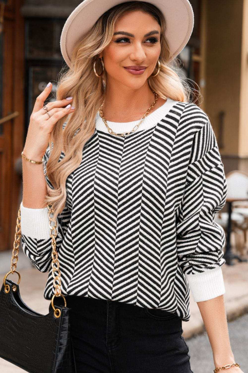 Striped Round Neck Long Sleeve Sweater - Trendsi - Flyclothing LLC