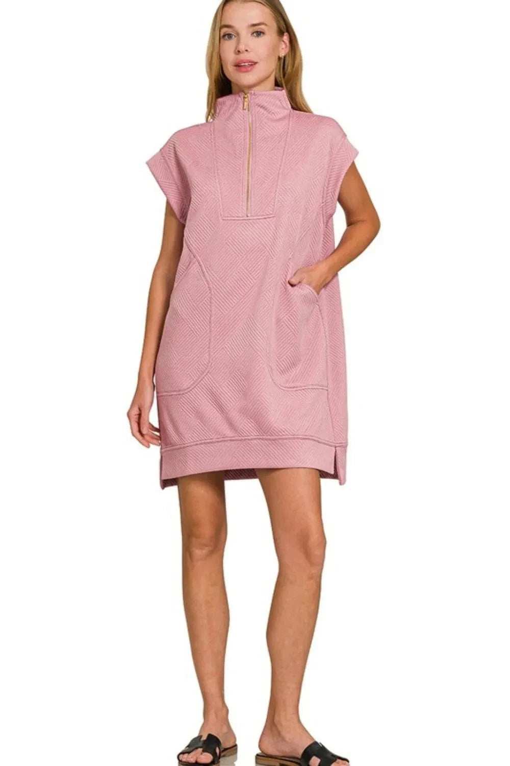 Zenana Textured Knit Jacquard Quarter Zipper Mini Dress - Trendsi - Flyclothing LLC