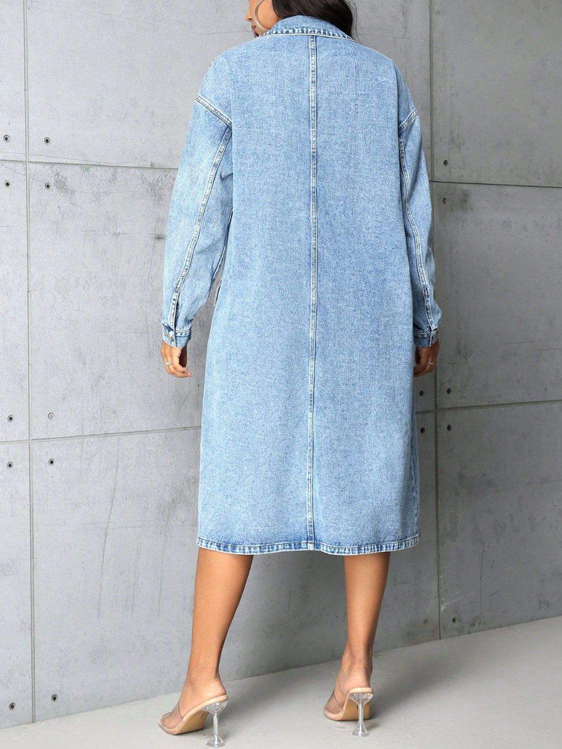 Pocketed Button Up Collared Neck Denim Top - Trendsi - Flyclothing LLC