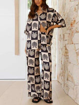 Printed Collared Neck Top and Wide Leg Pants Set - Trendsi - Flyclothing LLC