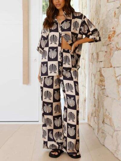 Printed Collared Neck Top and Wide Leg Pants Set - Trendsi - Flyclothing LLC