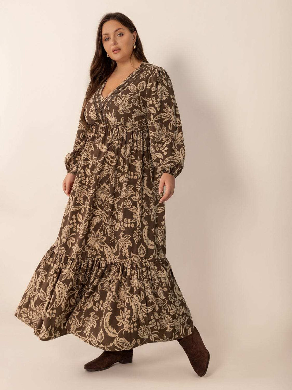 Plus Size Printed V-Neck Balloon Sleeve Maxi Dress - Trendsi - Flyclothing LLC