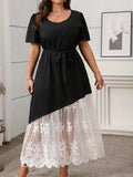 Plus Size Lace Patchwork Short Sleeve Maxi Dress - Trendsi