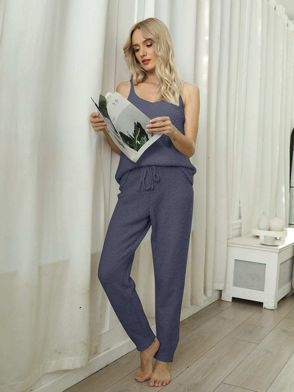 Fuzzy V-Neck Cami and Pants Lounge Set - Trendsi - Flyclothing LLC