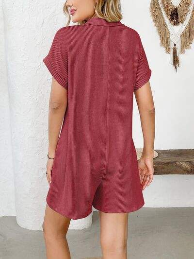 Button Detail Collared Neck Short Sleeve Romper - Trendsi - Flyclothing LLC