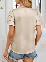 Smocked Round Neck Ruffled Layered Sleeve Blouse - Trendsi - Flyclothing LLC