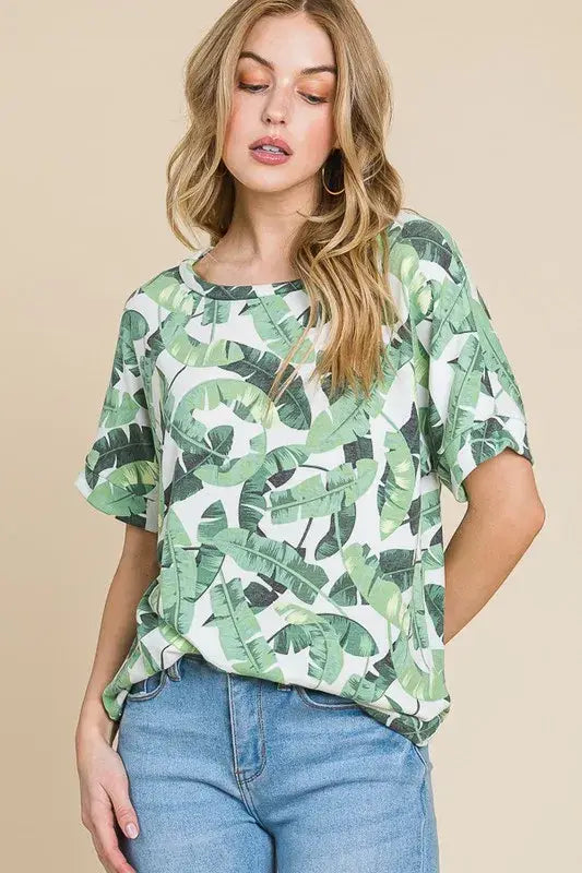 BOMBOM Lightweight Printed Round Neck Short Sleeve T-Shirt - Trendsi - Flyclothing LLC