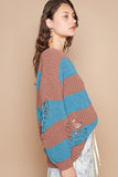 POL Striped Distressed Long Sleeve Sweater - Trendsi